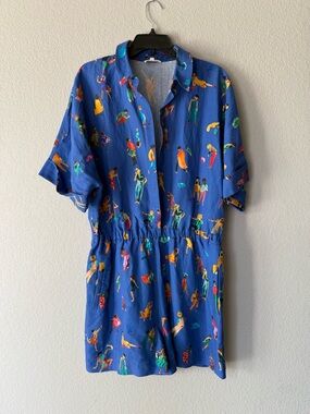 Sézane x G Kero Blue Printed Short Sleeve Romper with Colorful Figures